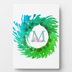 Fügen Sie monogramm rosa grüne Weihnachtskranz hin Fotoplatte