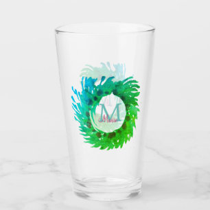 Fügen Sie monogramm rosa grüne Weihnachtskranz hin Glas