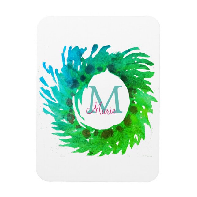Fügen Sie monogramm rosa grüne Weihnachtskranz hin Magnet (Vertikal)