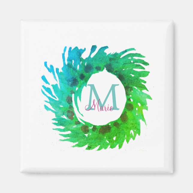 Fügen Sie monogramm rosa grüne Weihnachtskranz hin Magnet (Vorne)