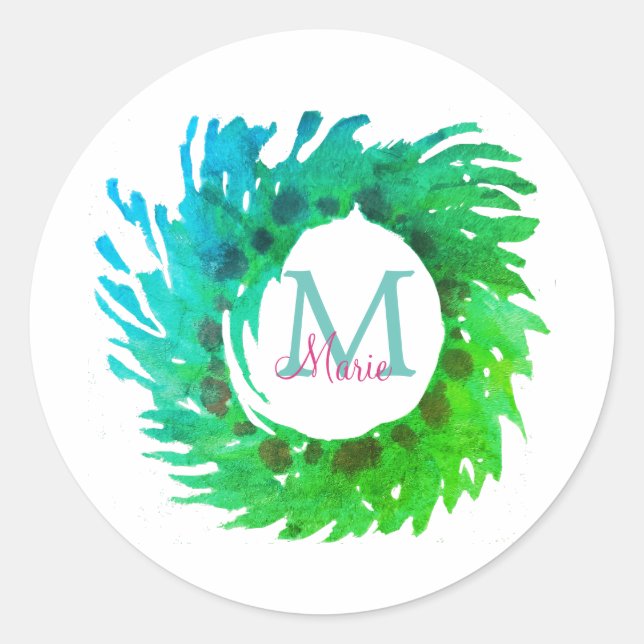 Fügen Sie monogramm rosa grüne Weihnachtskranz hin Runder Aufkleber (Vorderseite)