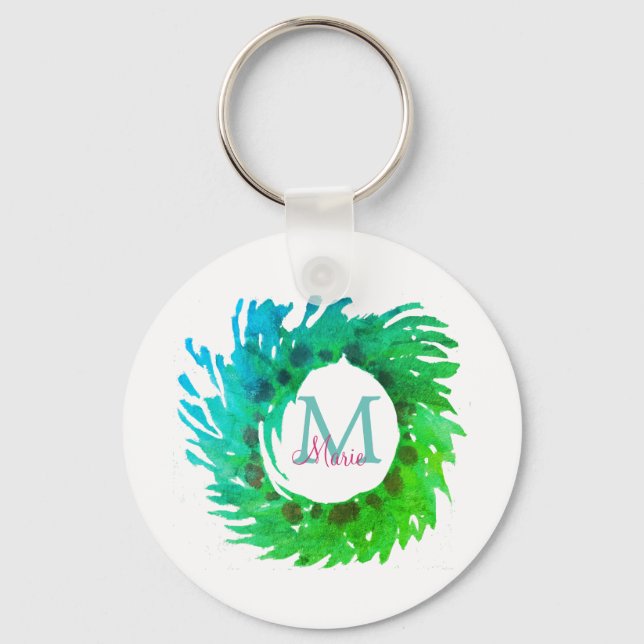 Fügen Sie monogramm rosa grüne Weihnachtskranz hin Schlüsselanhänger (Vorderseite)