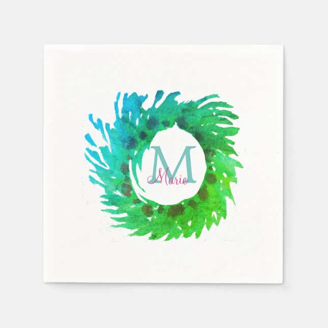 Fügen Sie monogramm rosa grüne Weihnachtskranz hin Serviette (Vorderseite)