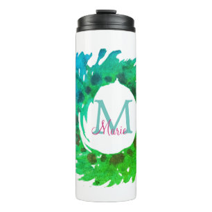 Fügen Sie monogramm rosa grüne Weihnachtskranz hin Thermosbecher