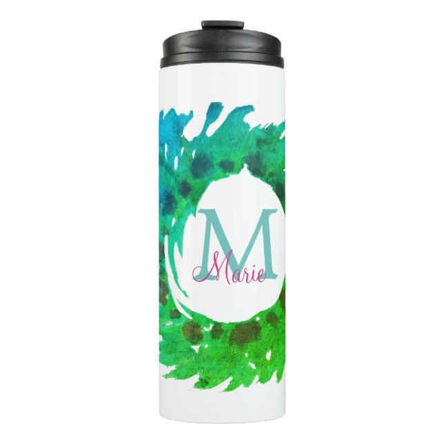 Fügen Sie monogramm rosa grüne Weihnachtskranz hin Thermosbecher (Vorderseite)