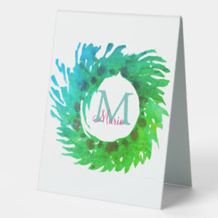 Fügen Sie monogramm rosa grüne Weihnachtskranz hin Tischaufsteller