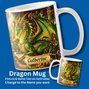 Fügen Sie Name Goldgrüner Drache mit Buch & Kaffee Kaffeetasse