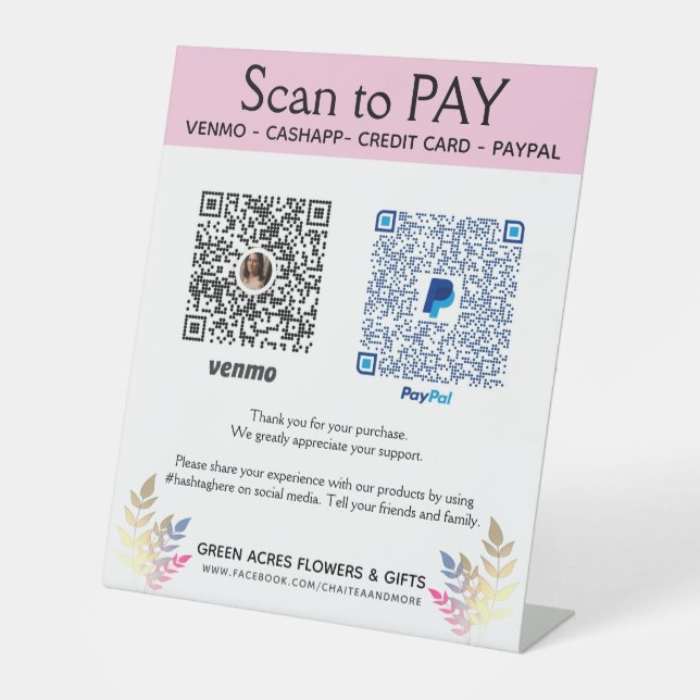 Fügen Sie zwei QR Codes Venmo Pay Hier Pedestzeich Sockelschild (Vorderseite)