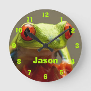 Fugenfrosch mit Personalisiertem Rot Augen-Namen Runde Wanduhr