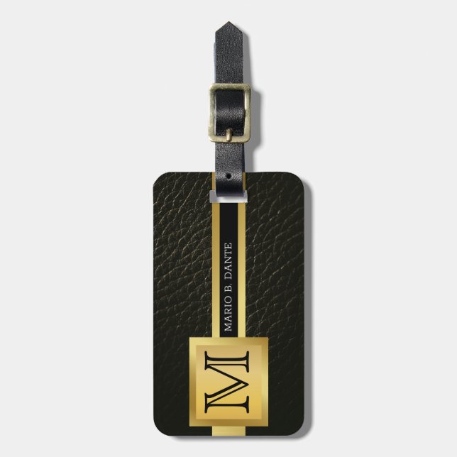 Führungskraft Black Leather & Gold Metal mit Monog Gepäckanhänger (Vorderseite vertikal)