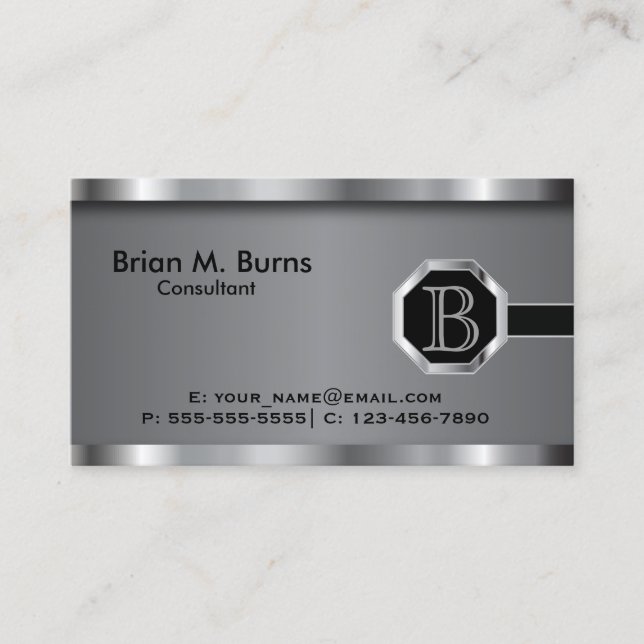 Führungskraft Black Steel Chrome Monogram Visitenkarte (Vorderseite)