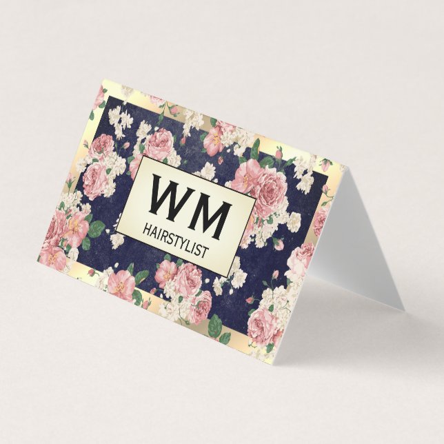 Führungskraft Gold Frame Blue Slate Floral Muster Visitenkarten (Vorderseite)