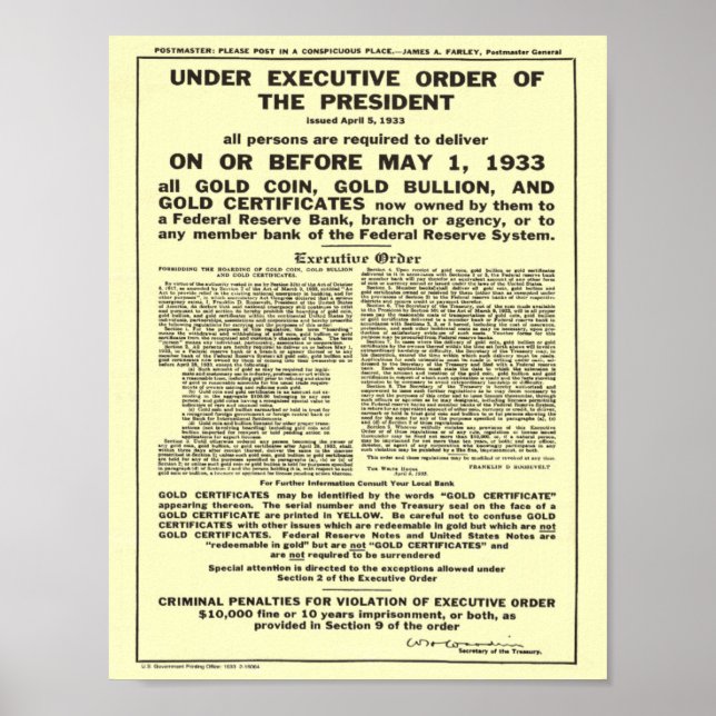 Führungskraft Order 6102 Verbot von Goldmünzen Poster (Vorne)