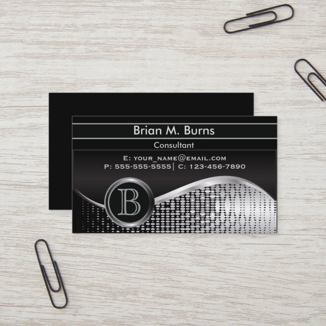 Führungskraft Schwarz und Silber | Monogramm Visitenkarte (Vorderseite/Rückseite Beispiel)