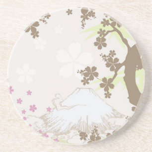 Fuji und Kirschblüte - Braun Sandstein Untersetzer