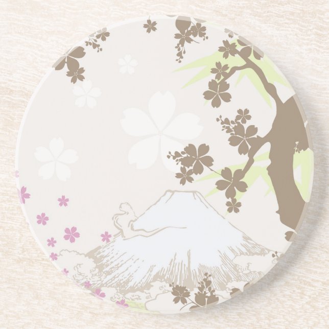 Fuji und Kirschblüte - Braun Sandstein Untersetzer (Vorne)