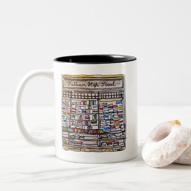 Fulham High Street Book Shop Zweifarbige Tasse (Mit Donut)
