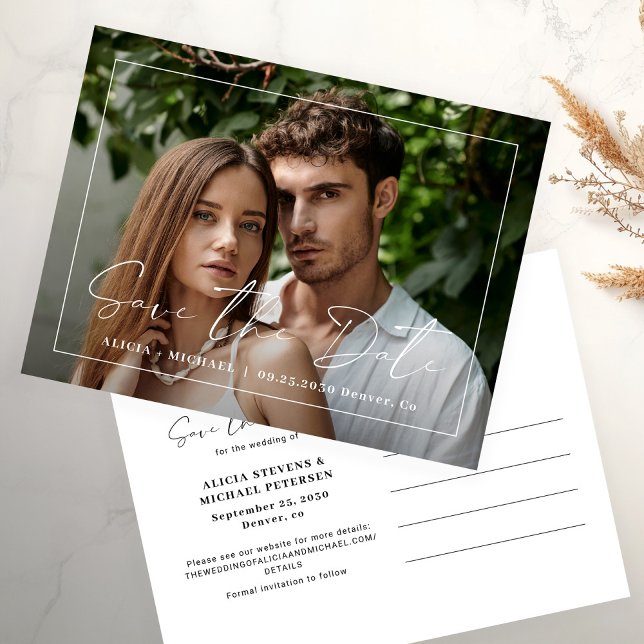 Full bleed photo simple modern elegant wedding ankündigungspostkarte (Von Creator hochgeladen)