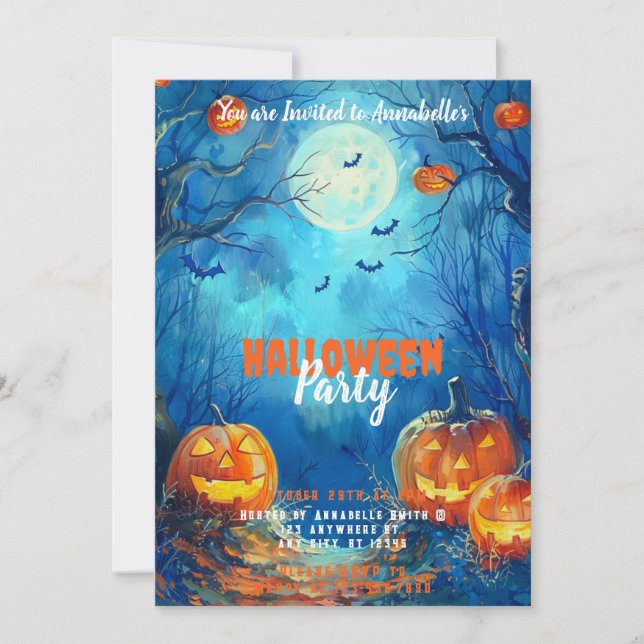 Full Moon Blue Jack-o' Lanterns Halloween-Party Einladung (Vorderseite)