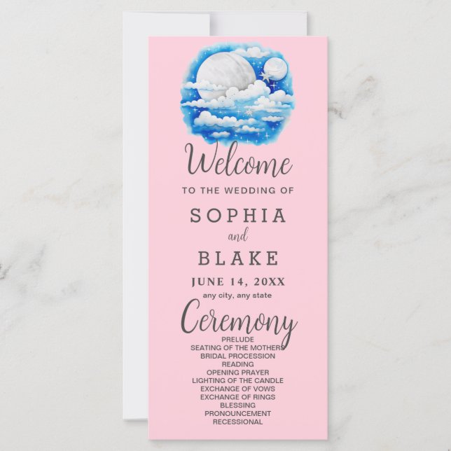Full Moon Celestial Stars Pink Wedding Programm (Vorderseite)