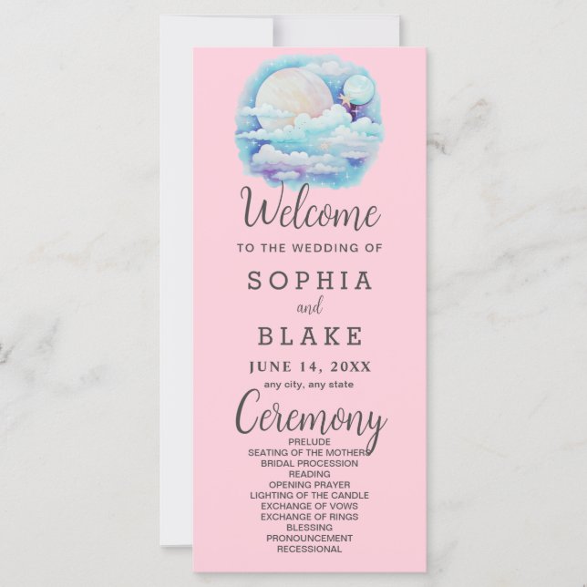 Full Moon Celestial Stars Pink Wedding Programm (Vorderseite)