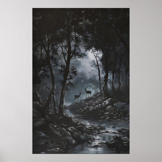 Full Moon Dark Forest with Fawn Deer Art Dark Poster (Vorne)