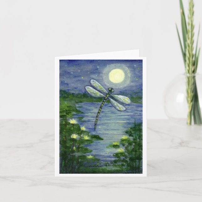 Full Moon Dragonfly Pond Waterlilies Art Note Card Karte (Vorderseite)