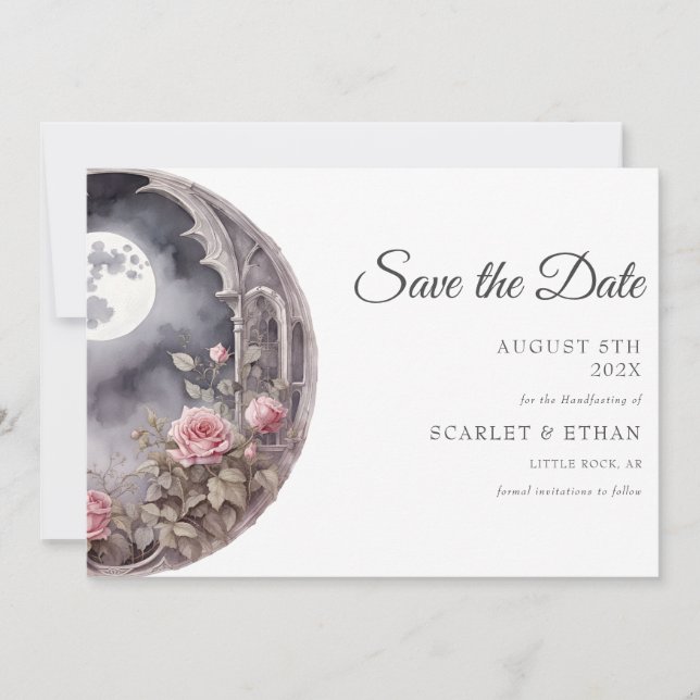 Full Moon Garden Door Pink Rose Boho Handfasting Save The Date (Vorderseite)