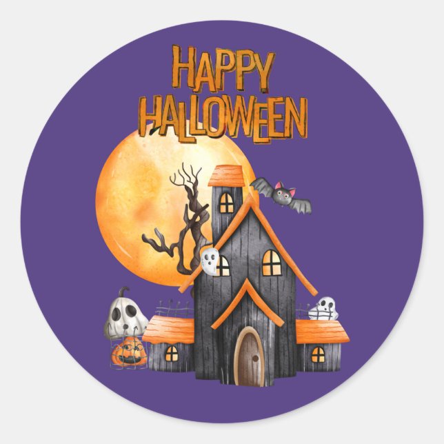 Full Moon Happy Halloween Runder Aufkleber (Vorderseite)