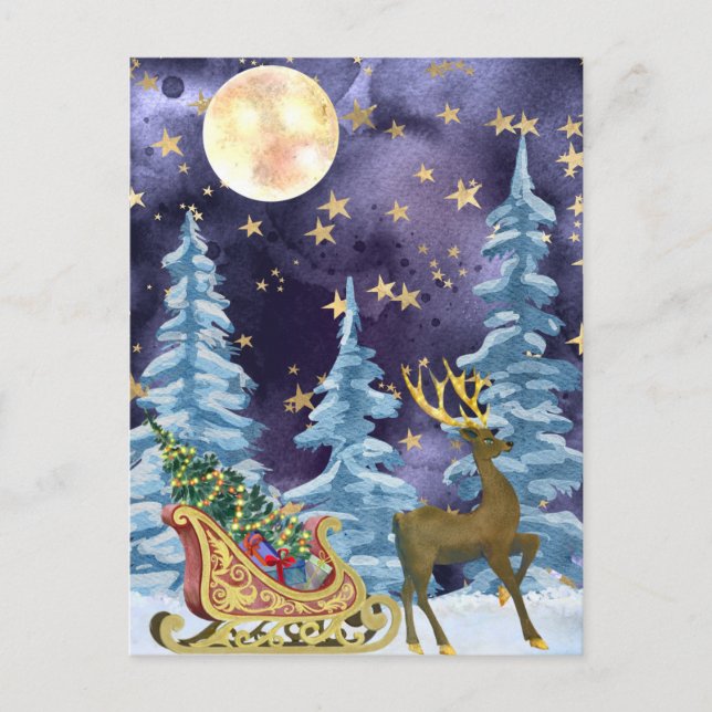 Full Moon Over Reindeer With Sleigh Postkarte (Vorderseite)