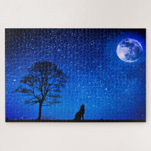 Full Wolf Moon Puzzle Starry Blue Night Sky