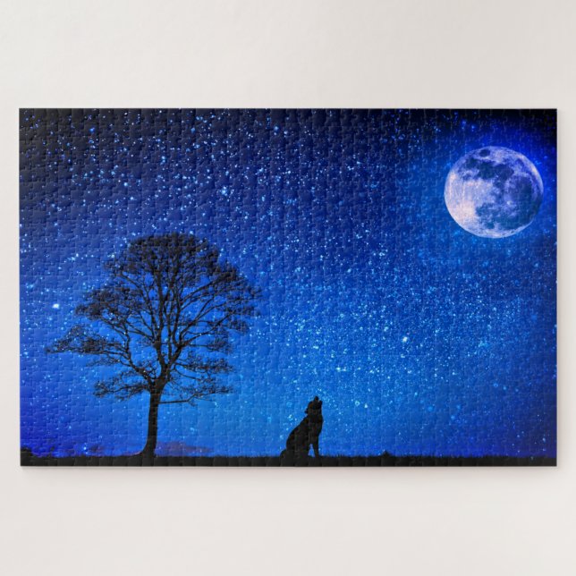Full Wolf Moon Puzzle Starry Blue Night Sky (Horizontal)