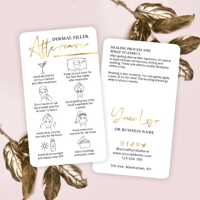 Fülle nach Pflegeanweisungen Schönheit Gesichtsloh Visitenkarte (Dermal filler after care instructions cards with faux gold details and space for your logo)
