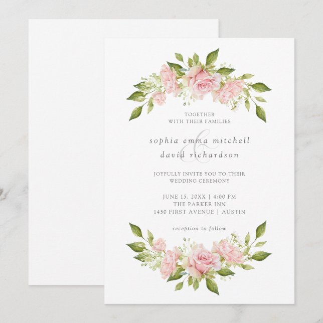 Fülle Rose | Elegante Rosa Blumenhochzeit Einladung (Vorne/Hinten)