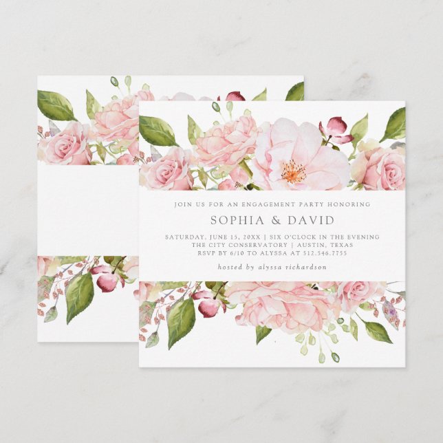Fülle Rose | Pink Floral Engagement Party Einladung (Vorne/Hinten)
