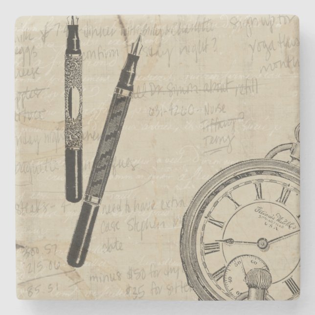 Füllhalter und Watchface mit Notizen Steinuntersetzer (Vorderseite)