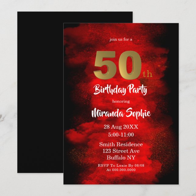 Fumée noire et rouge 50e anniversaire Invitations (Devant / Derrière)