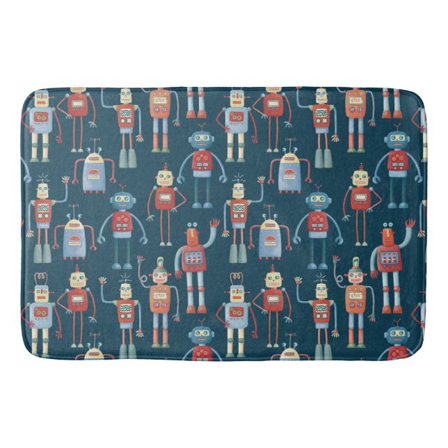 Fun 1950er Stil Retro Roboter Muster dunkel Badematte (Vorderseite)