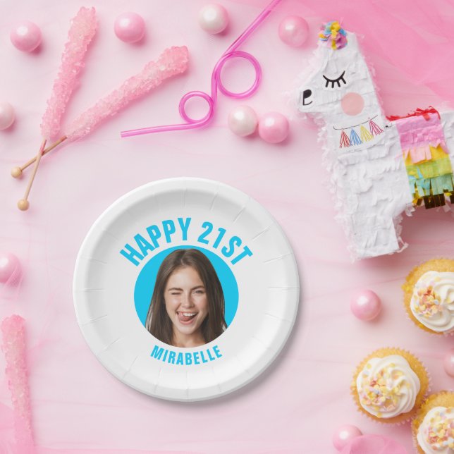 Fun 21. Geburtstag CUSTOM TEXT Foto Aquamarin Pappteller (Party)