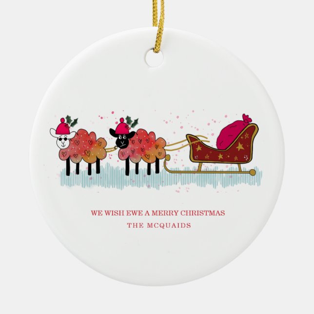Fun 2 Schafe ziehen Santas-Schlitten Keramik Ornament (Vorne)