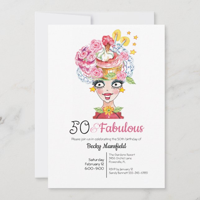 Fun 50 & Fabulous Lady Hat Multi Pink Einladung (Vorderseite)