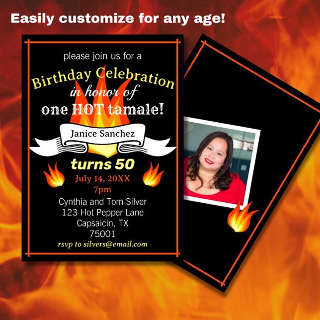 Fun 50. Geburtstag "Hot Tamale" Foto Einladung (Spice up a 50th birthday with this fun, sassy Hot Tamale birthday party invitation!)