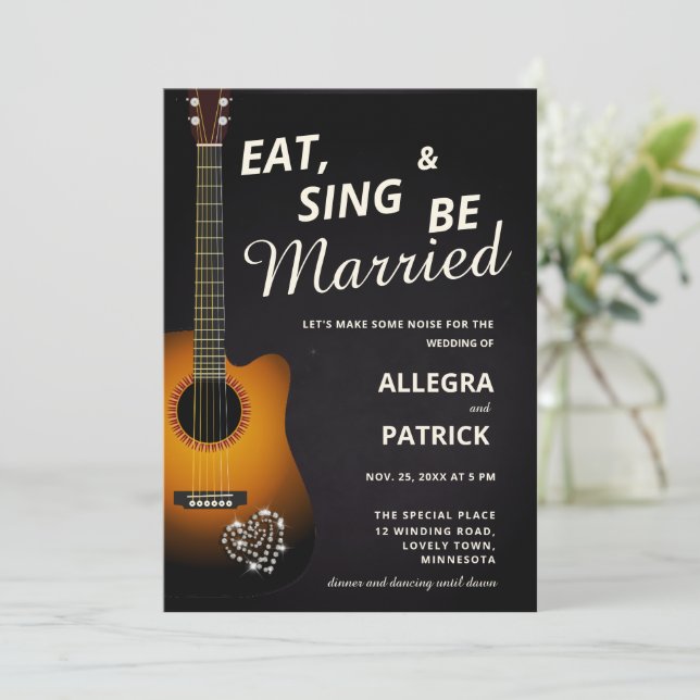 Fun Acoustic Gitarre Diamonds Black Foto Wedding Einladung (Stehend Vorderseite)