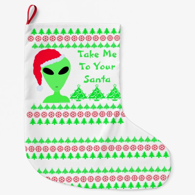 Fun Alien Santa Red Snowflakes Grüne Bäume LGM Großer Weihnachtsstrumpf (Vorderseite)