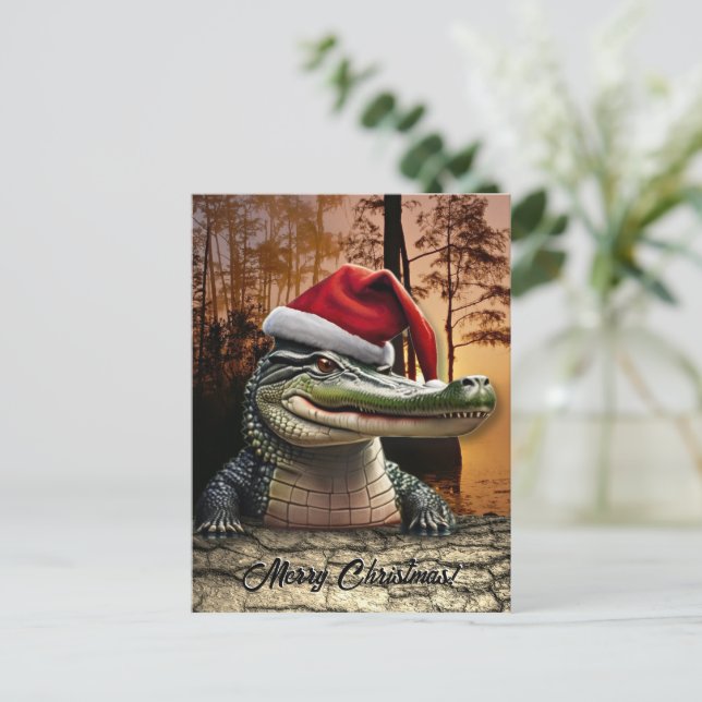 Fun Alligator in der Weihnachtsmannmütze Postkarte (Stehend Vorderseite)