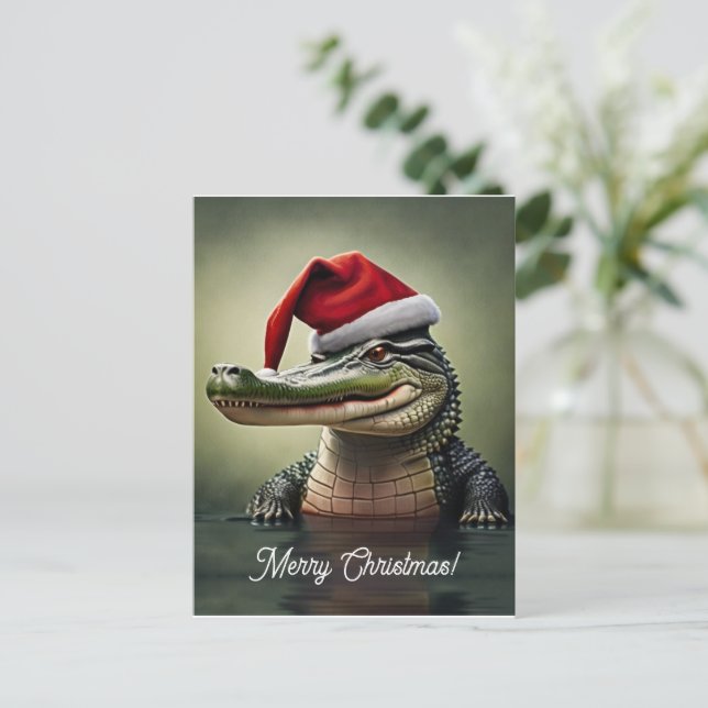 Fun Alligator in der Weihnachtsmannmütze Postkarte (Stehend Vorderseite)