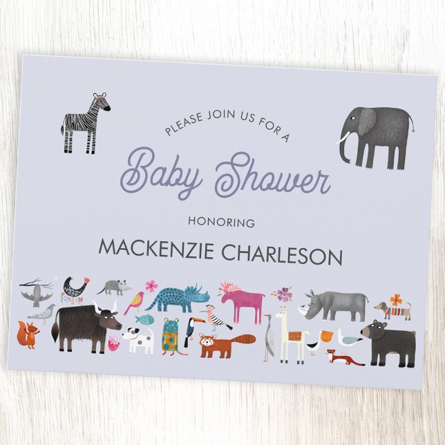 Fun Animal Baby Shower Einladungspostkarte (Animal personalized baby shower invitation, with safari, jungle, wild, zoo & pet animals and birds)