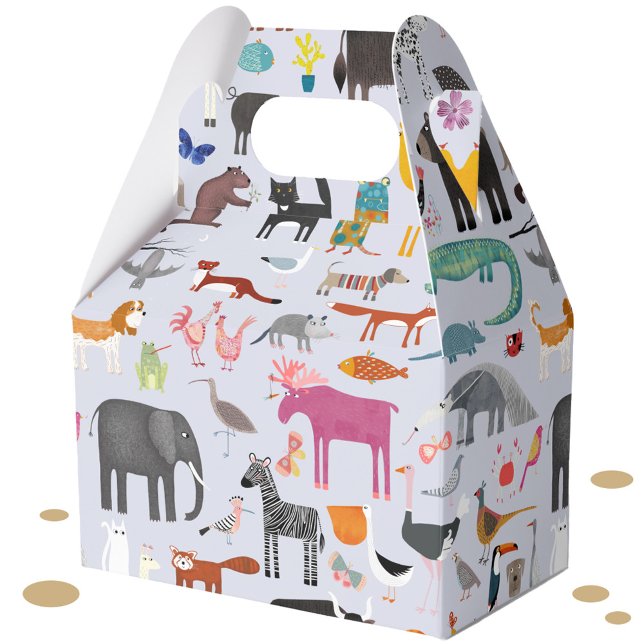 Fun Animal Menagerie Geschenkschachtel (Jungle, safari, zoo, wild and pet animals and bird design party favor box)