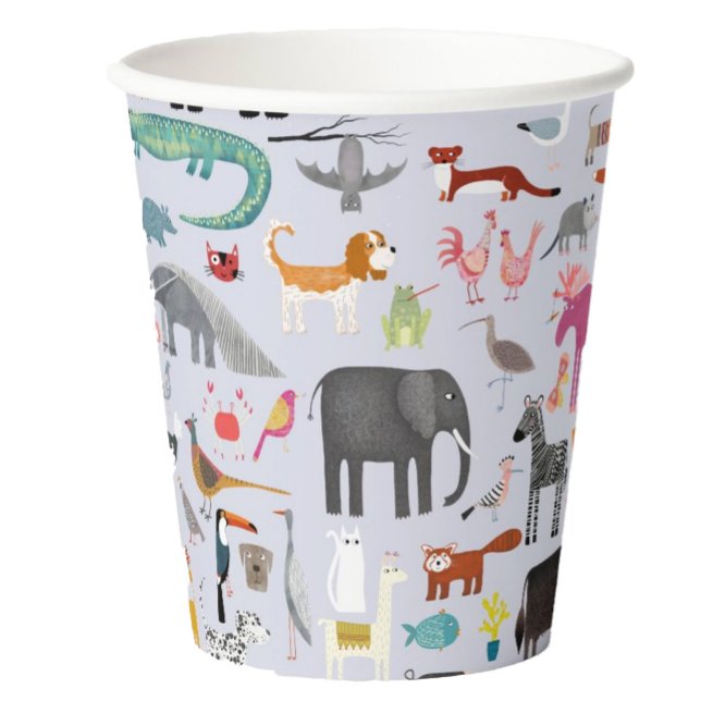 Fun Animal Menagerie Pappbecher (Jungle, safari, zoo, wild and pet animals and bird design paper party cup)