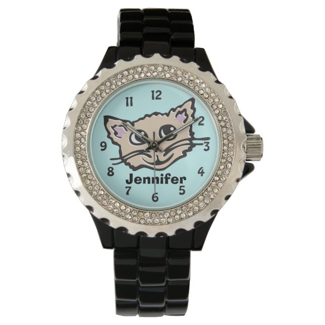 Fun aqua girls cat Kätzchen grafische Namen Handri Armbanduhr (Vorderseite)